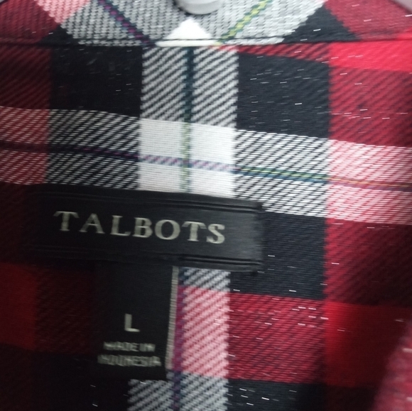 Talbots Black, White & Red Plaid Metallic Cotton Button Down Blouse size Large - Picture 6 of 10